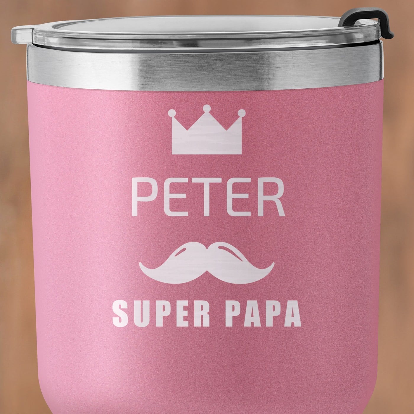 Pink Thermobecher mit transparentem Deckel und Gravur für Ihren Papa zum Vatertag