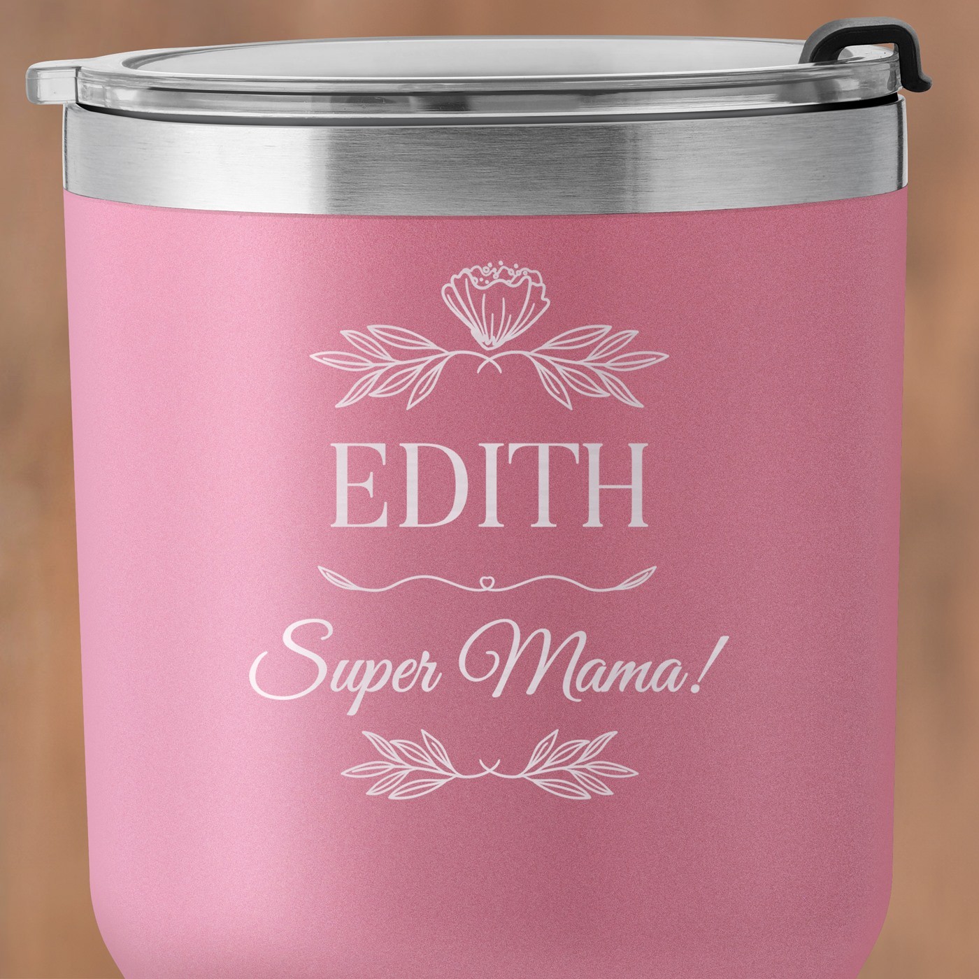 Pink Thermobecher mit transparentem Deckel und Gravur für Ihre Mutti