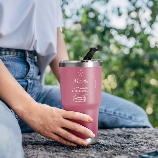 Pink Thermobecher mit transparentem Deckel und Gravur für einen Bücherwurm Ihre Freundin Ehefrau Schriftstellerin zum Ehrentag V