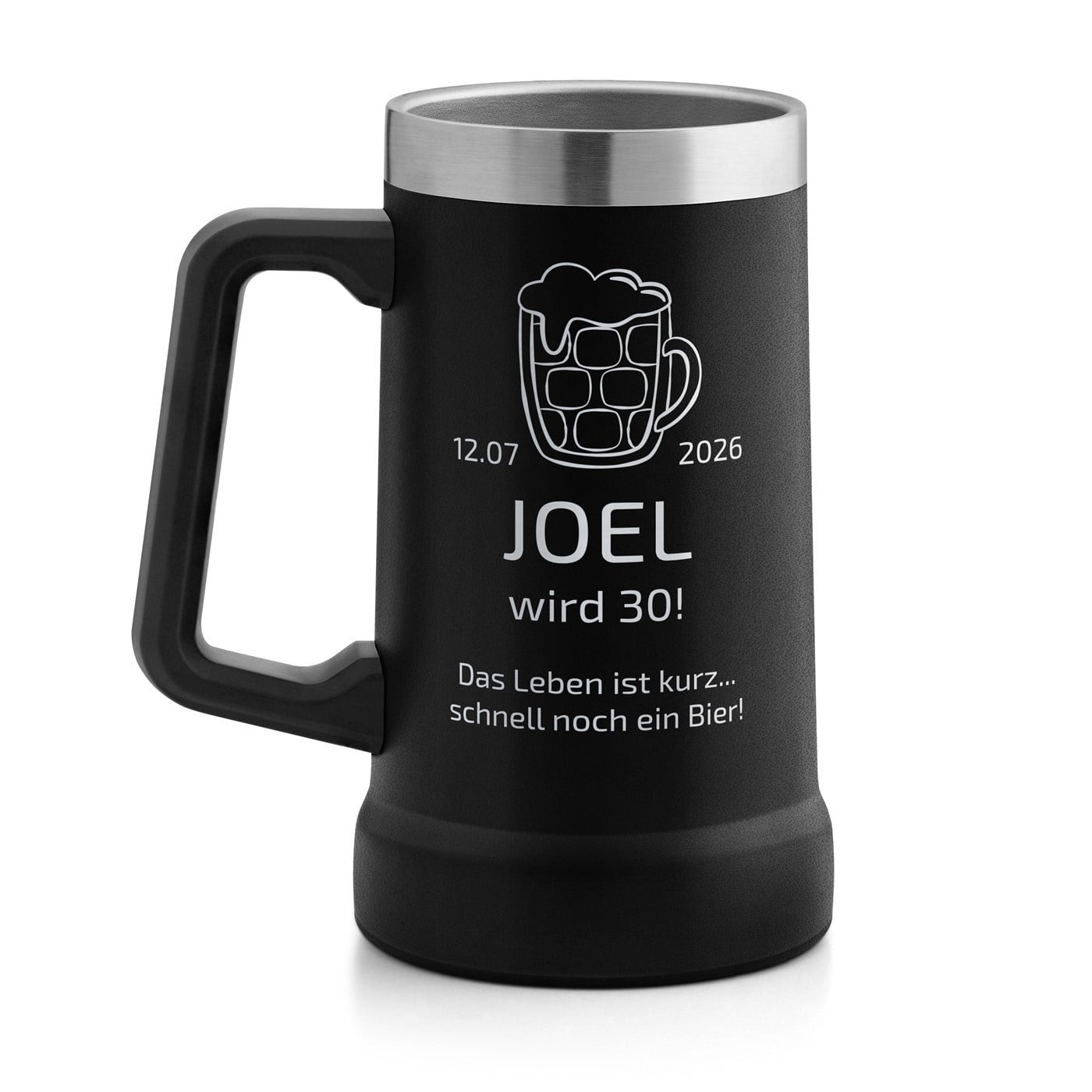 Isolierter Bierkrug aus Edelstahl Schwarz für einen Biertrinker zum 30. Geburtstag