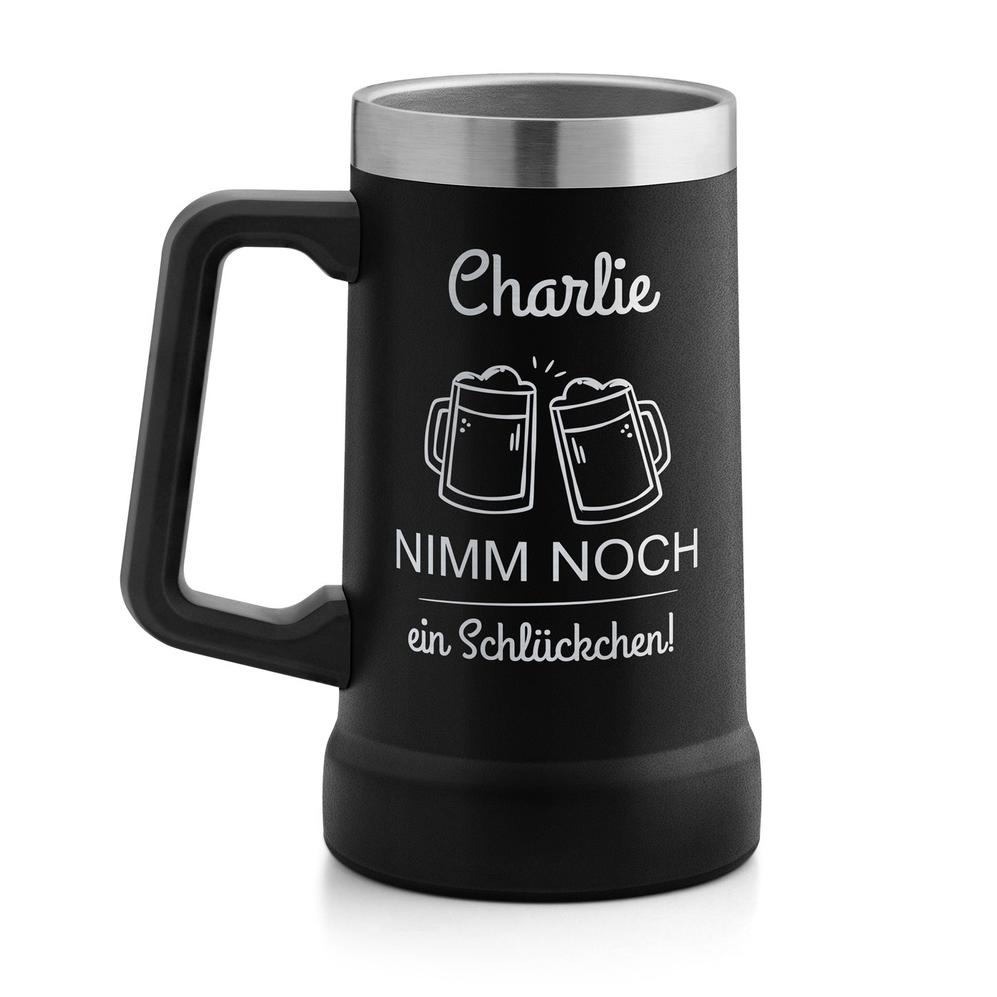 Isolierter Bierkrug aus Edelstahl Schwarz für einen Biergenießer zum Ehrentag