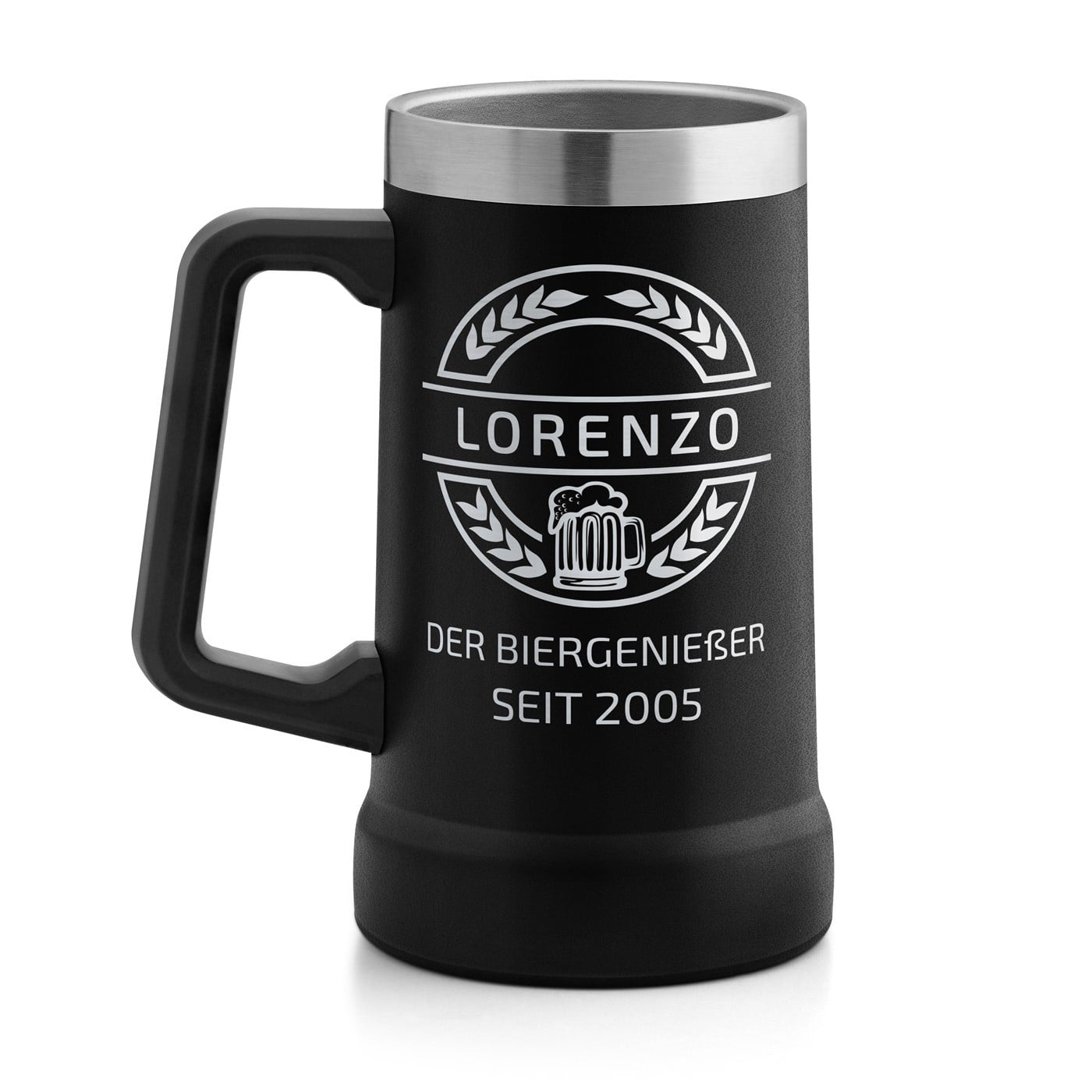 Isolierter Bierkrug aus Edelstahl Schwarz für einen Biergenießer zum Geburtstag
