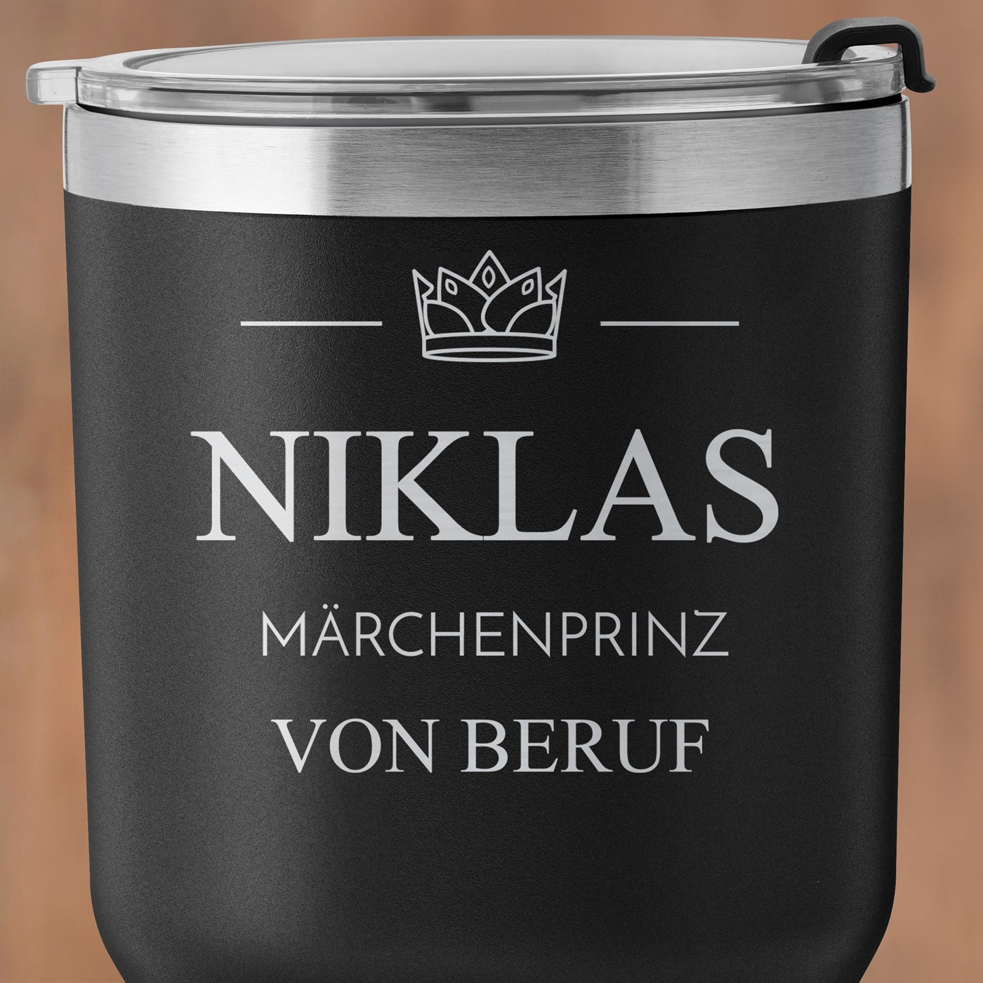 Schwarzer Thermobecher mit transparentem Deckel und Gravur für ihn Ihren Freund zum Ehrentag Junggesellenabend