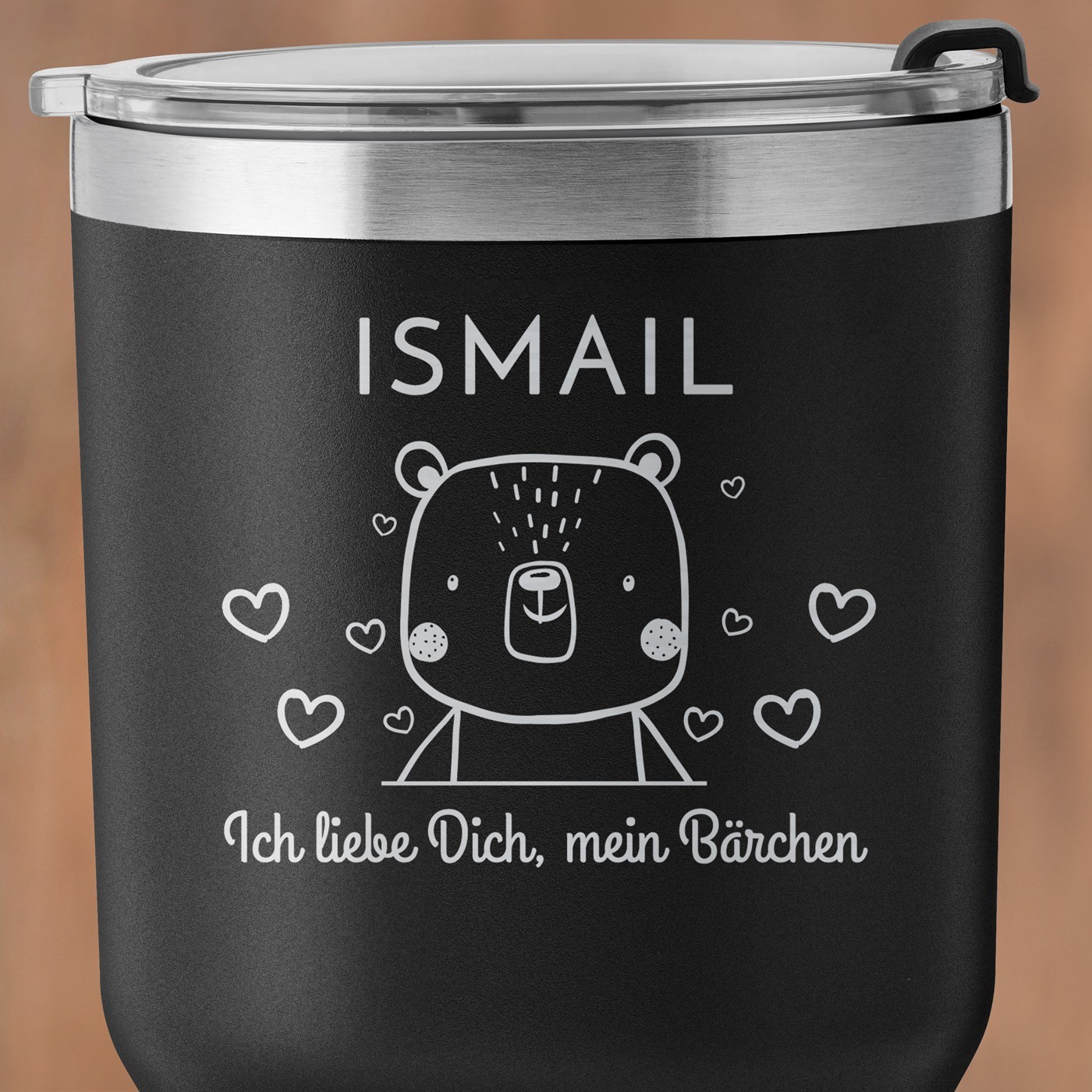 Schwarzer Thermobecher mit transparentem Deckel und Gravur für Ihren Freund Ehemann zum Valentinstag Ehrentag