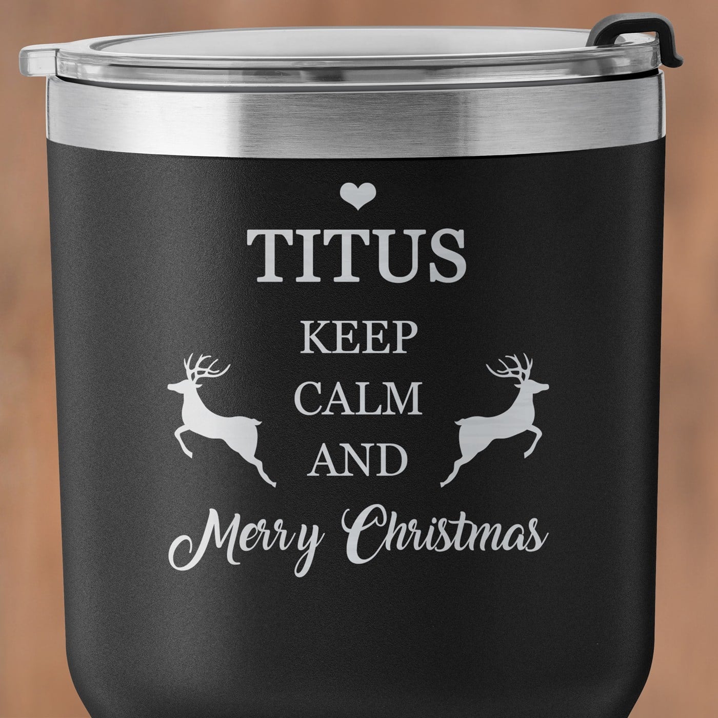 Schwarzer Thermobecher mit transparentem Deckel und Gravur für ihn Christmas