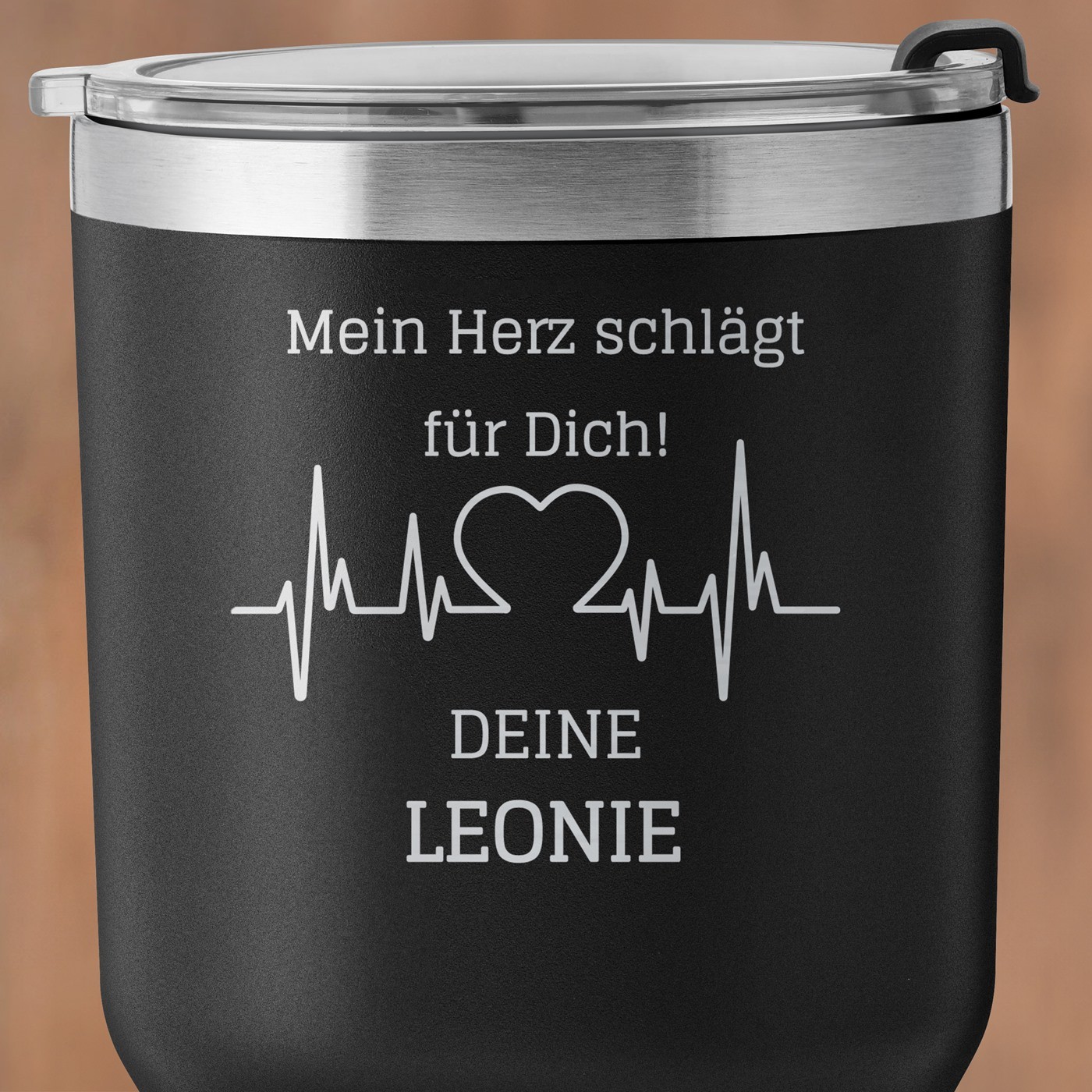 Schwarzer Thermobecher mit transparentem Deckel und Gravur für Ihren Freund Ehemann zum Valentinstag Hochzeitsjubiläum