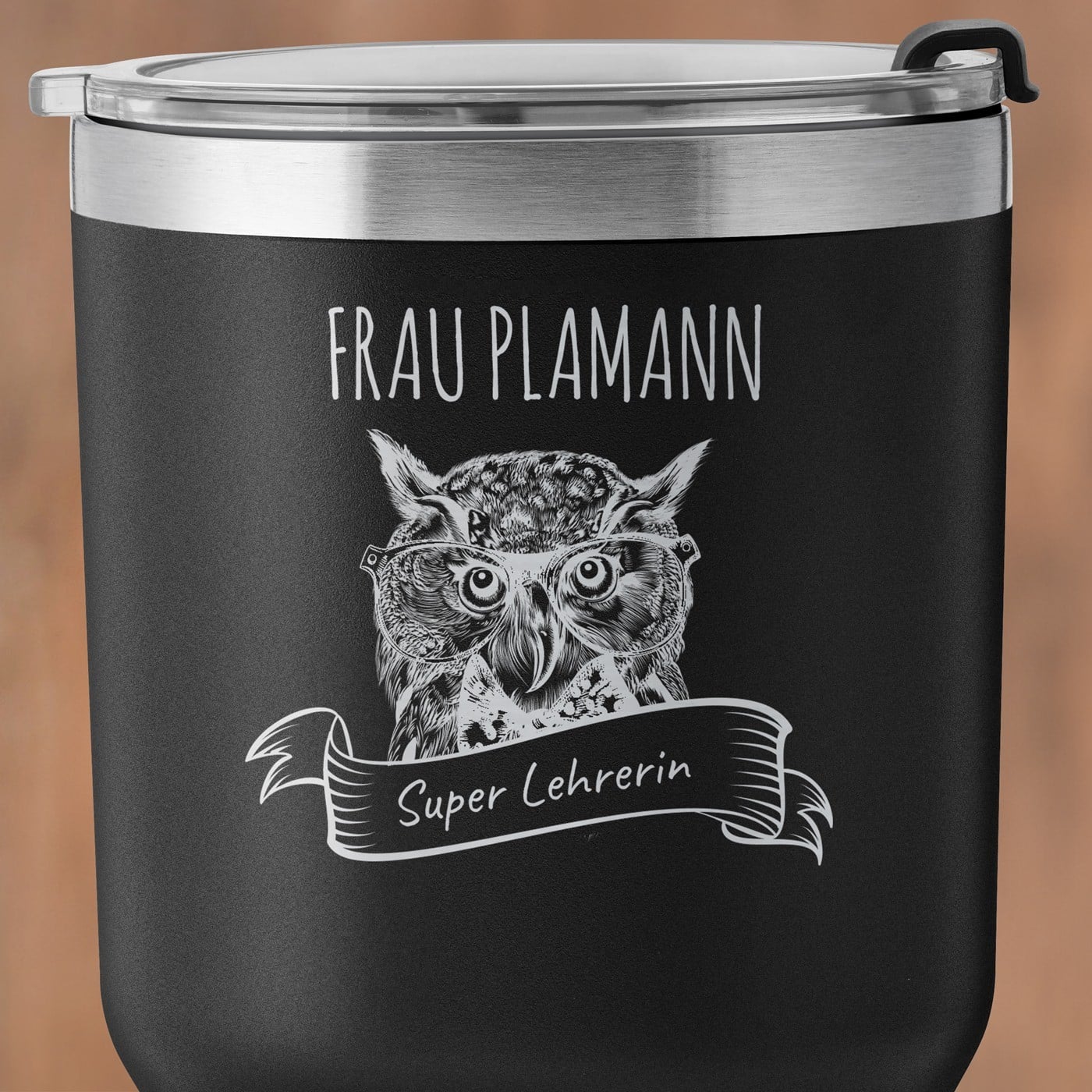 Schwarzer Thermobecher mit transparentem Deckel und Gravur für Ihre Klassenlehrerin Lehrerin zum Schuljahresende