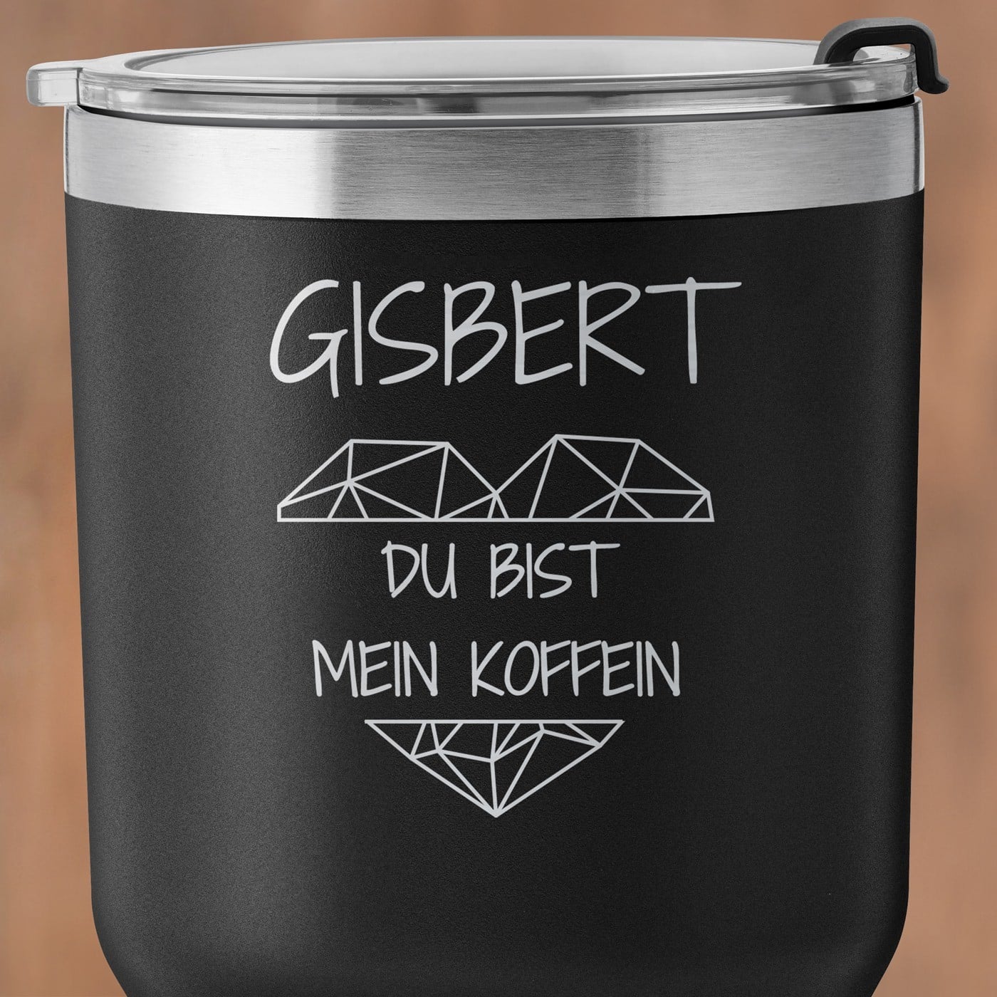 Schwarzer Thermobecher mit transparentem Deckel und Gravur für ihn zum Ehrentag, Valentinstag