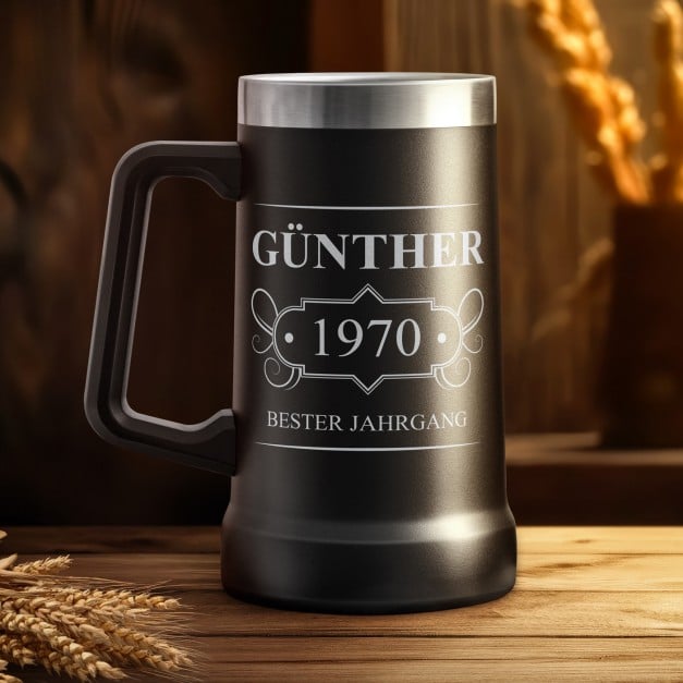 Isolierter Bierkrug aus Edelstahl Schwarz für einen Gentleman zum Geburtstag