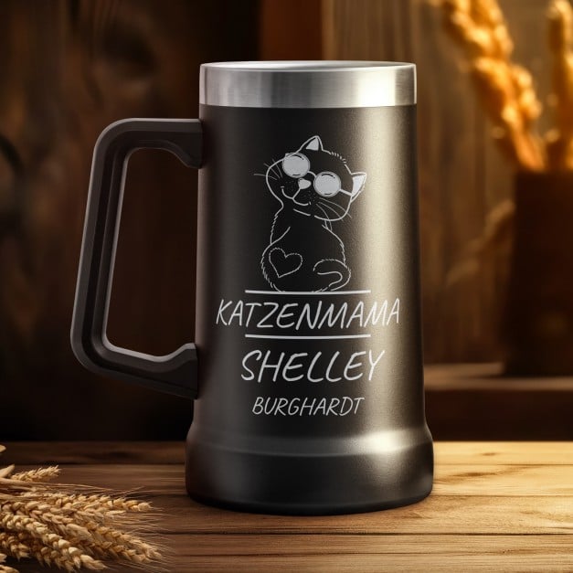 Isolierter Bierkrug aus Edelstahl Schwarz für eine Katzenmama