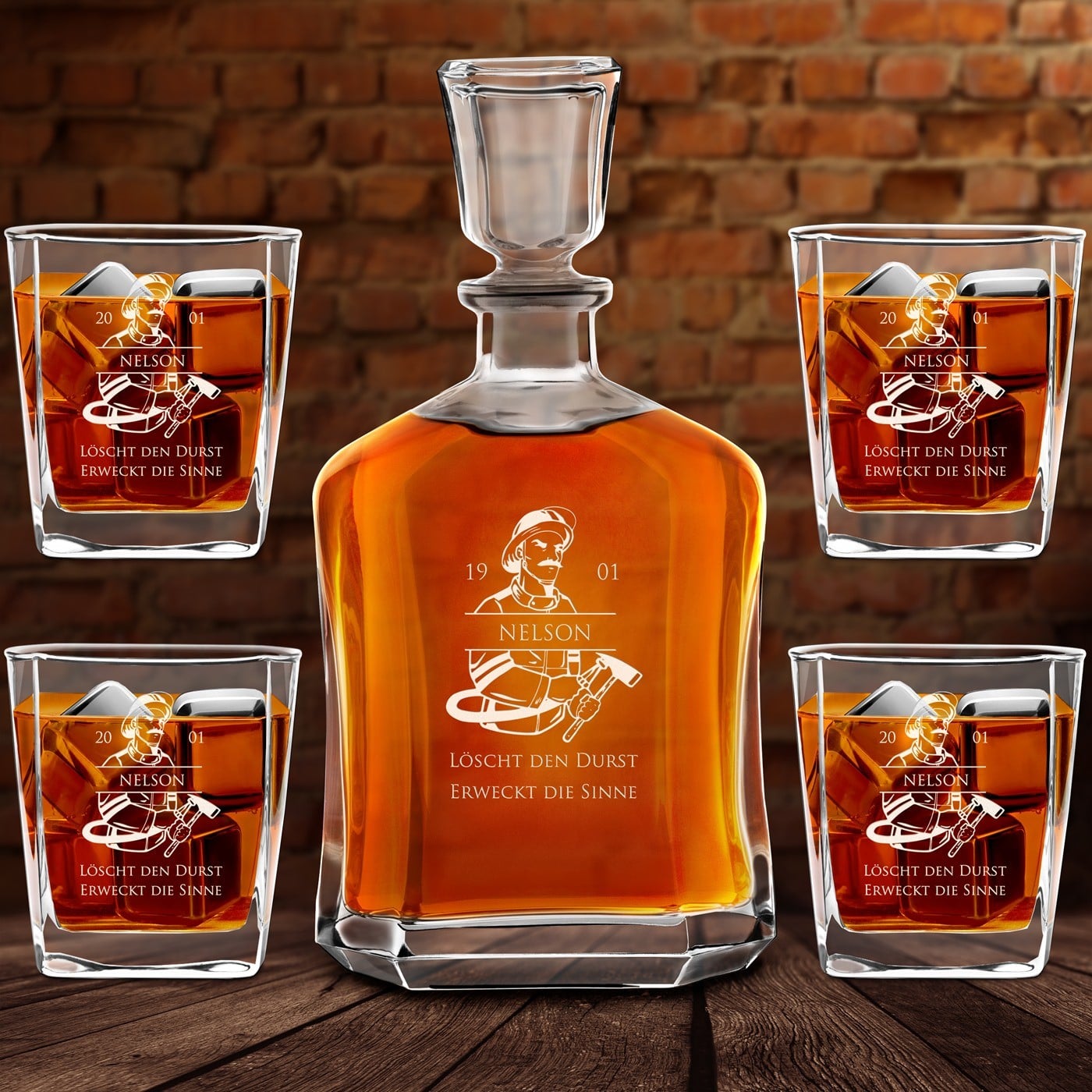 Whisky Karaffe Set mit 4 Gläsern und Gravur für einen Feuerwehrmann zum Geburtstag