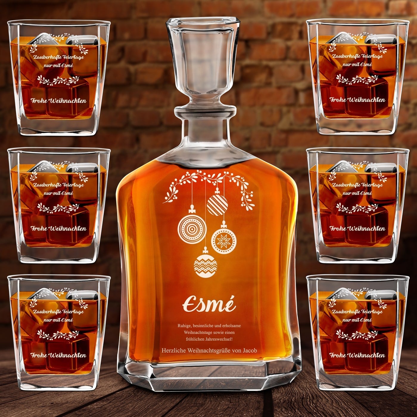 Whisky Karaffe Set mit 6 Gläsern und eingravierter Widmung für sie zu Weihnachten