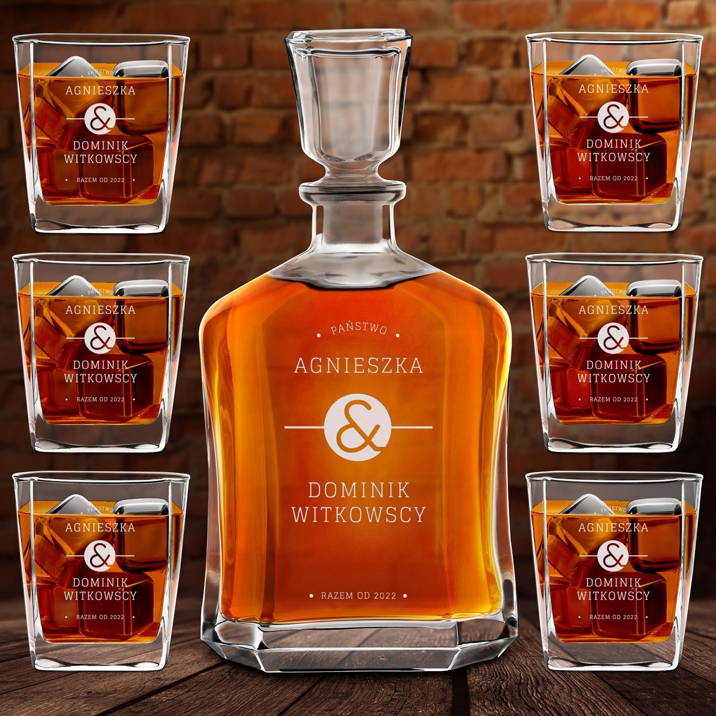Whisky Karaffe Set mit 6 Gläsern und eingravierter Widmung für ein Paar zur Hochzeit oder zum Hochzeitsjubiläum