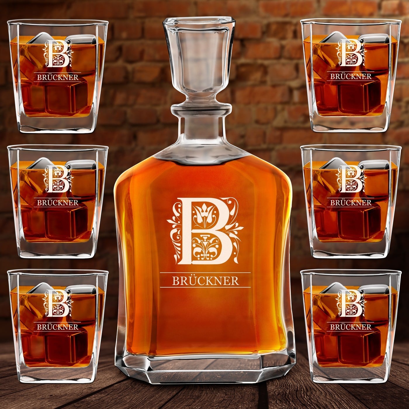 Whisky Karaffe Set mit 6 Gläsern und Gravur und Initialen