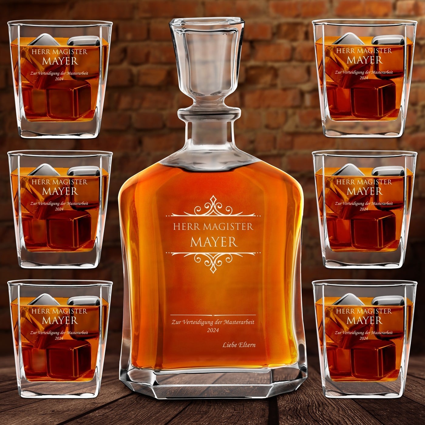 Whisky Karaffe Set mit 6 Gläsern und Gravur für einen Magister