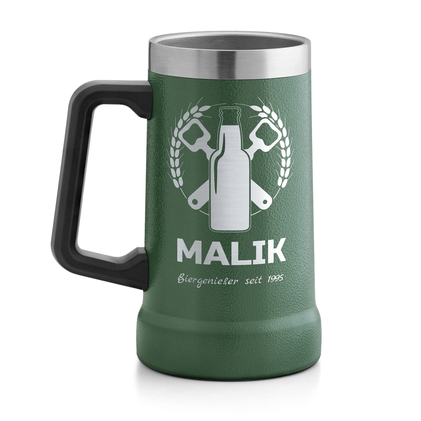 Isolierter Bierkrug aus Edelstahl Grün für einen Bierfan zum Ehrentag