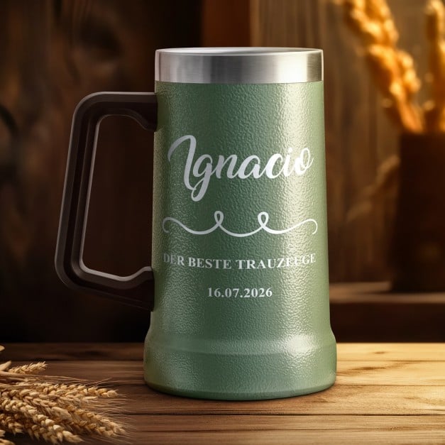 Isolierter Bierkrug aus Edelstahl Grün für Ihren Trauzeugen als Dankeschön