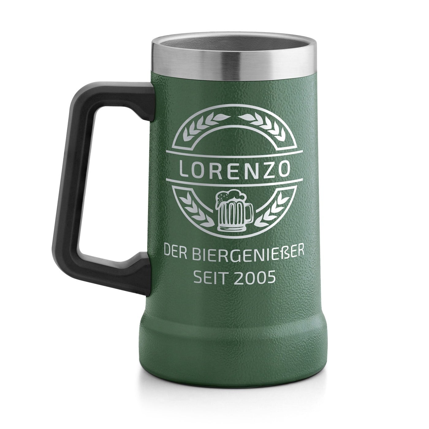 Isolierter Bierkrug aus Edelstahl Grün für einen Biergenießer zum Geburtstag