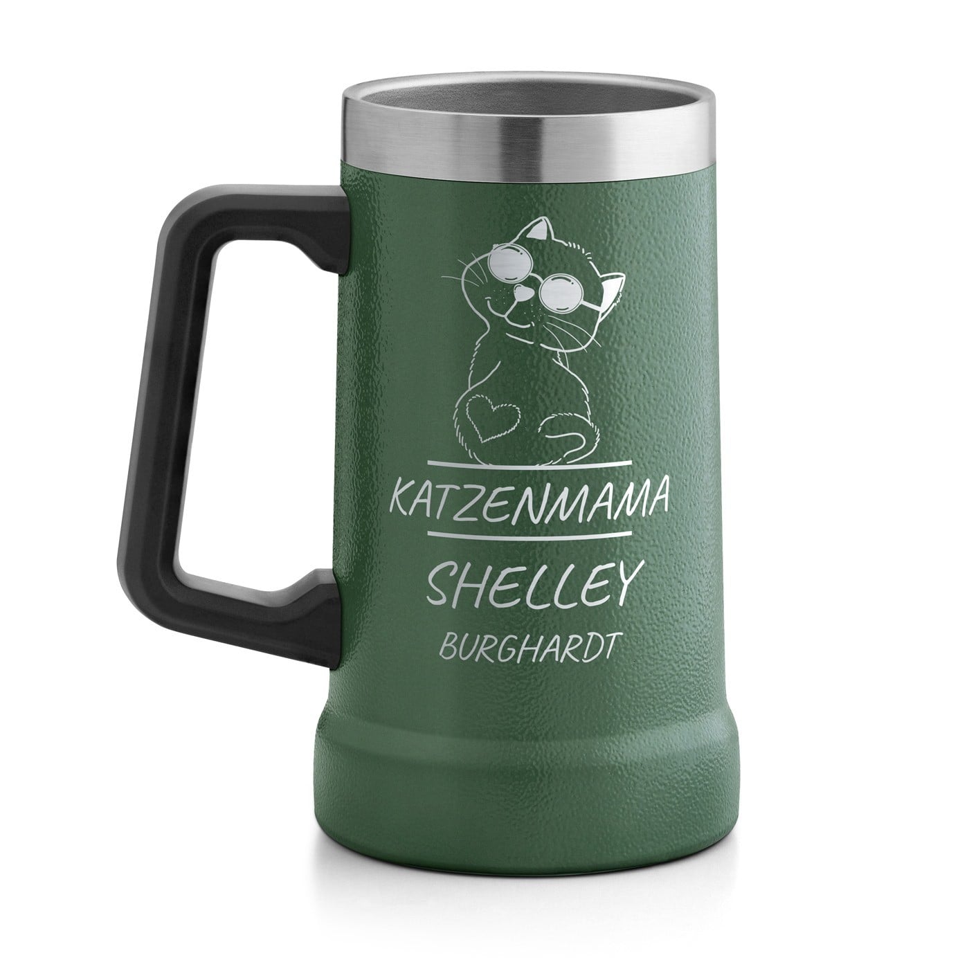 Isolierter Bierkrug aus Edelstahl Grün für eine Katzenmama