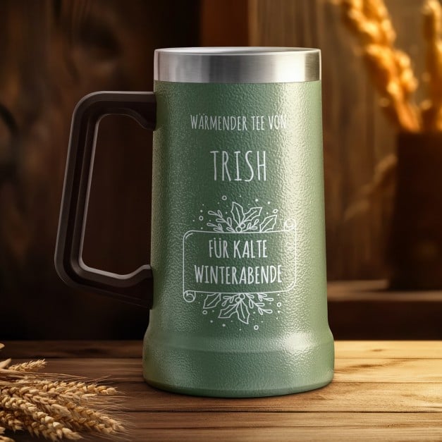 Isolierter Bierkrug aus Edelstahl Grün für sie zu Weihnachten zum Nikolaustag Ehrentag