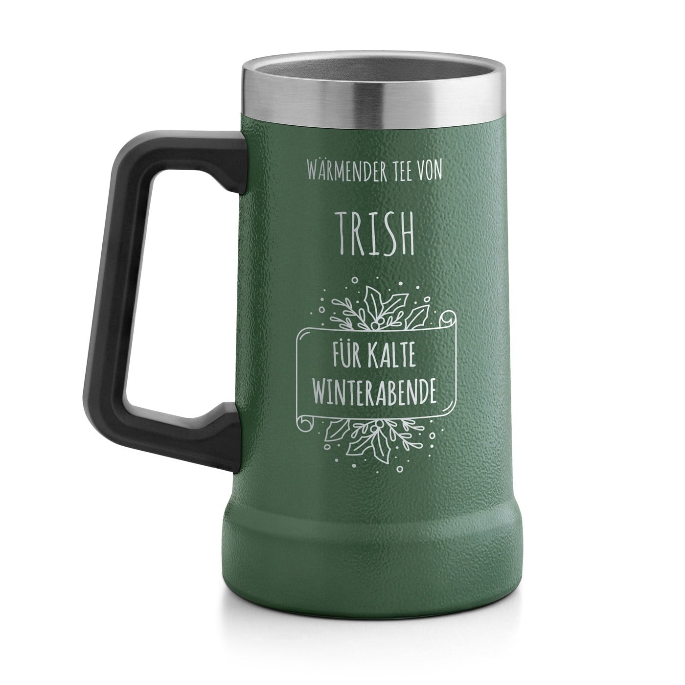 Isolierter Bierkrug aus Edelstahl Grün für sie zu Weihnachten zum Nikolaustag Ehrentag