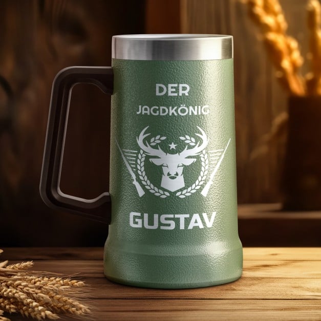 Isolierter Bierkrug aus Edelstahl Grün für einen Jäger zum Ehrentag