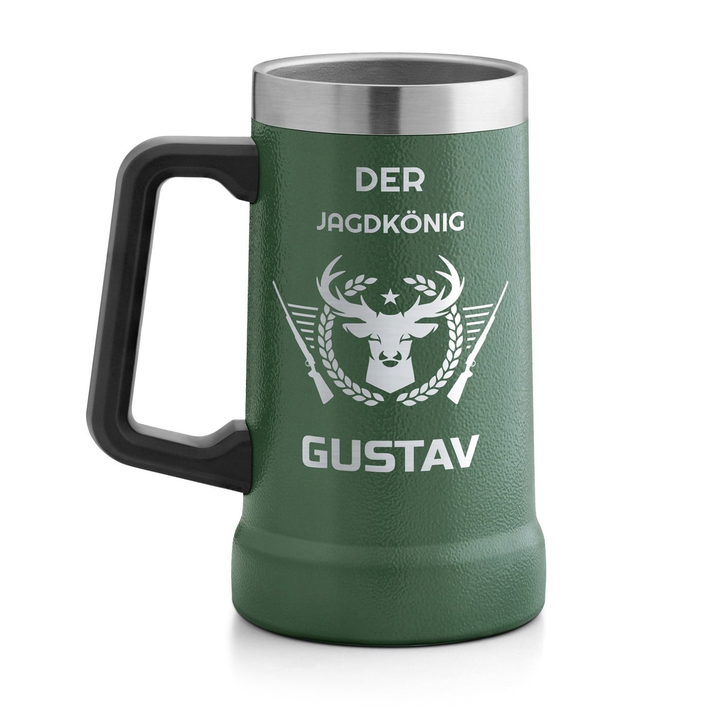 Isolierter Bierkrug aus Edelstahl Grün für einen Jäger zum Ehrentag