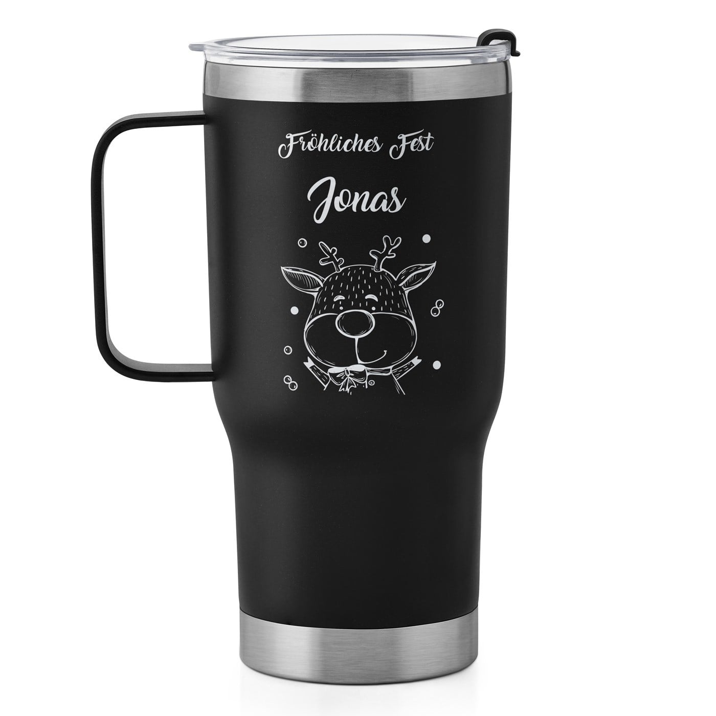 Schwarzer Isolierbecher mit transparentem Deckel und Gravur für ihn einen Jungen zur Weihnachtsfeier