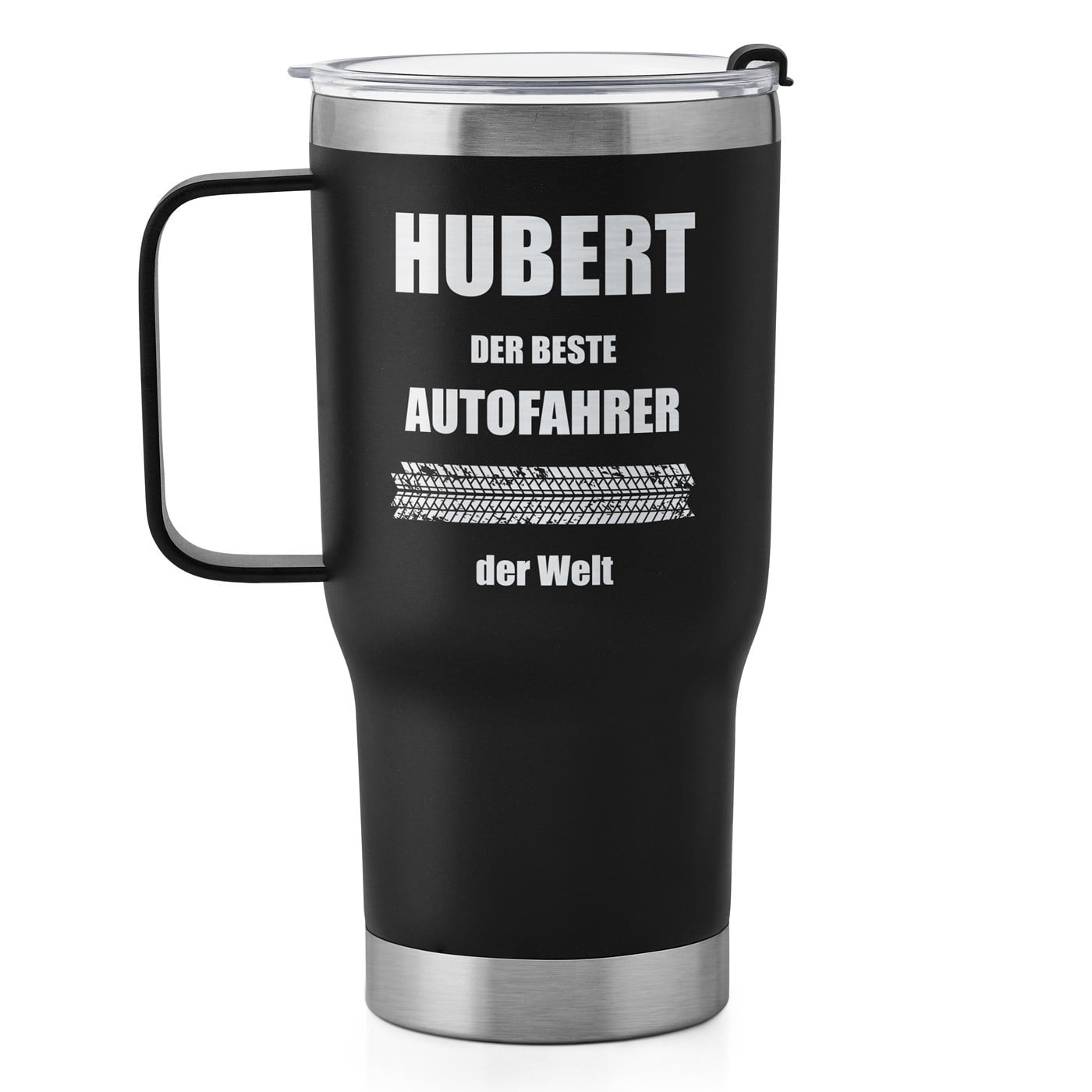 Schwarzer Isolierbecher mit transparentem Deckel und Gravur Schwarz für einen Autofahrer Motorsportfan zum Ehrentag