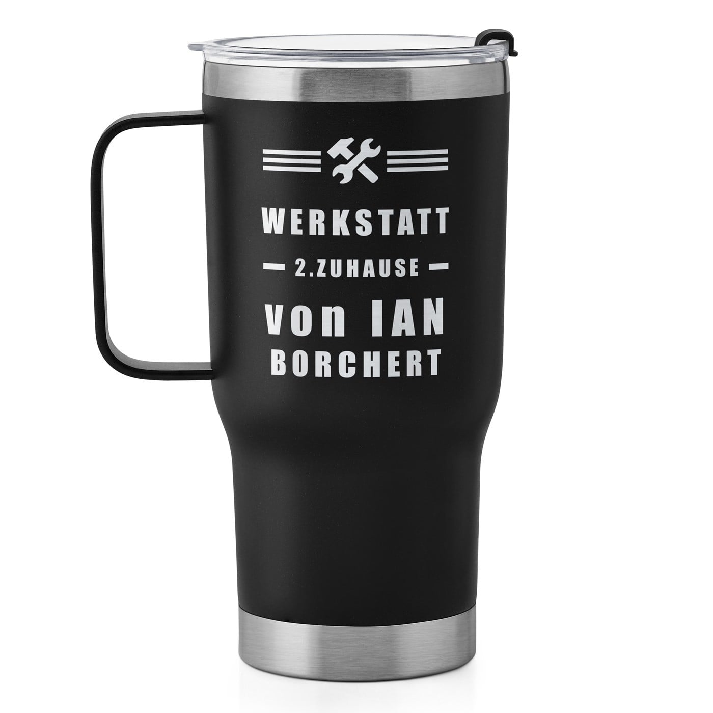 Schwarzer Isolierbecher mit transparentem Deckel und Gravur für einen Mechaniker Motorsporfan Handwerker zum Ehrentag