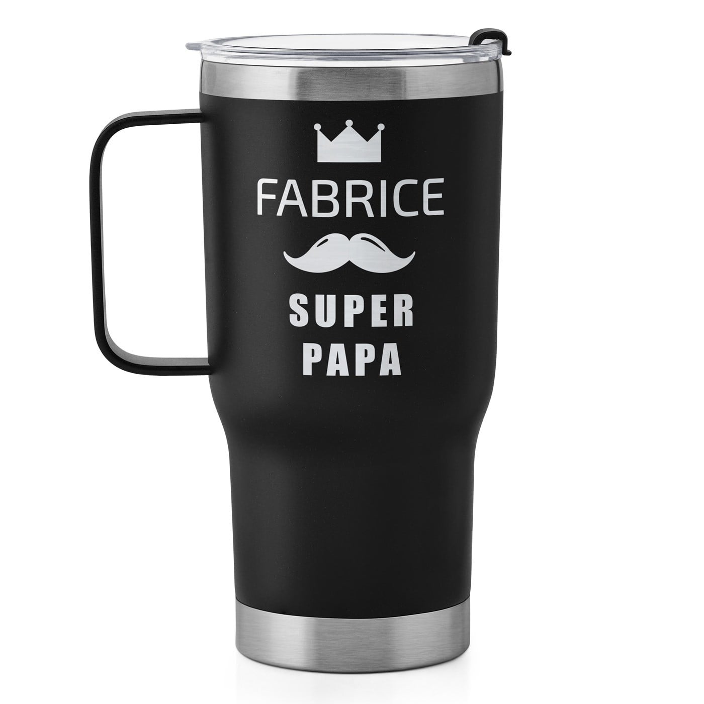 Schwarzer Isolierbecher mit transparentem Deckel und Gravur für Ihren Papa