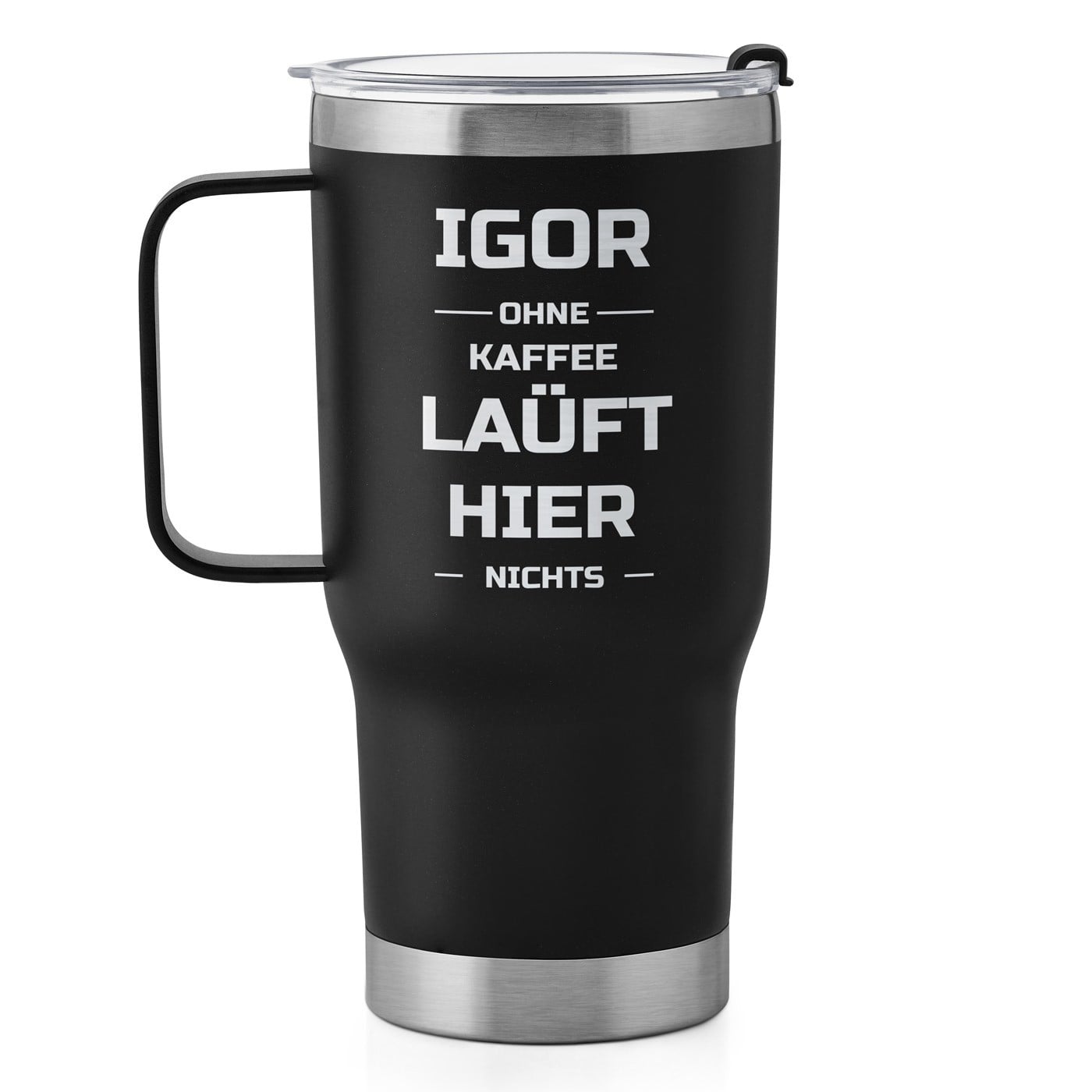 Schwarzer Isolierbecher mit transparentem Deckel und Gravur für einen Studenten zum Ehrentag