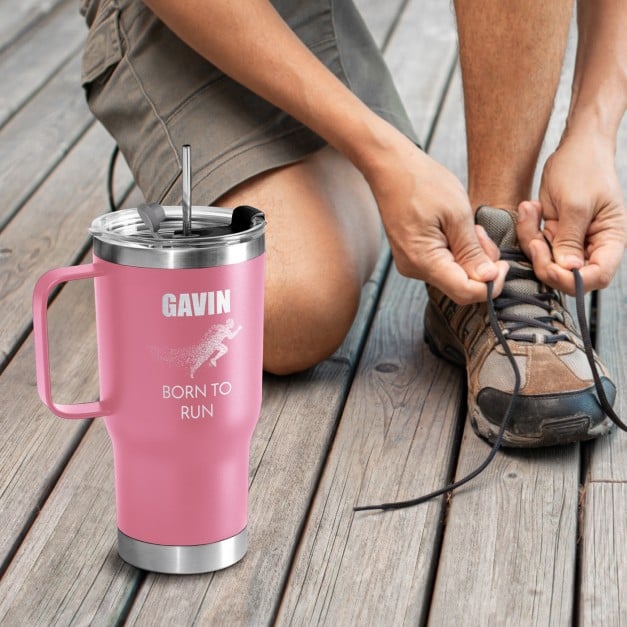 Rosa Isolierbecher mit Gravur und transparentem Deckel für Ihren Freund einen Jogger zum Ehrentag