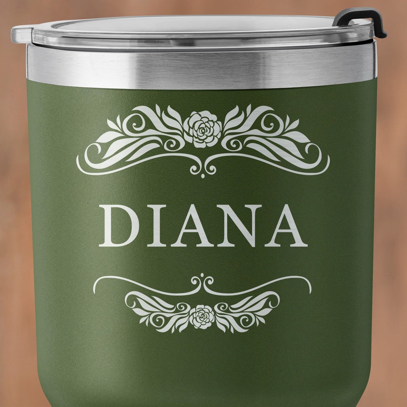 Grüner Thermobecher mit transparentem Deckel und Gravur für sie zum Namenstag