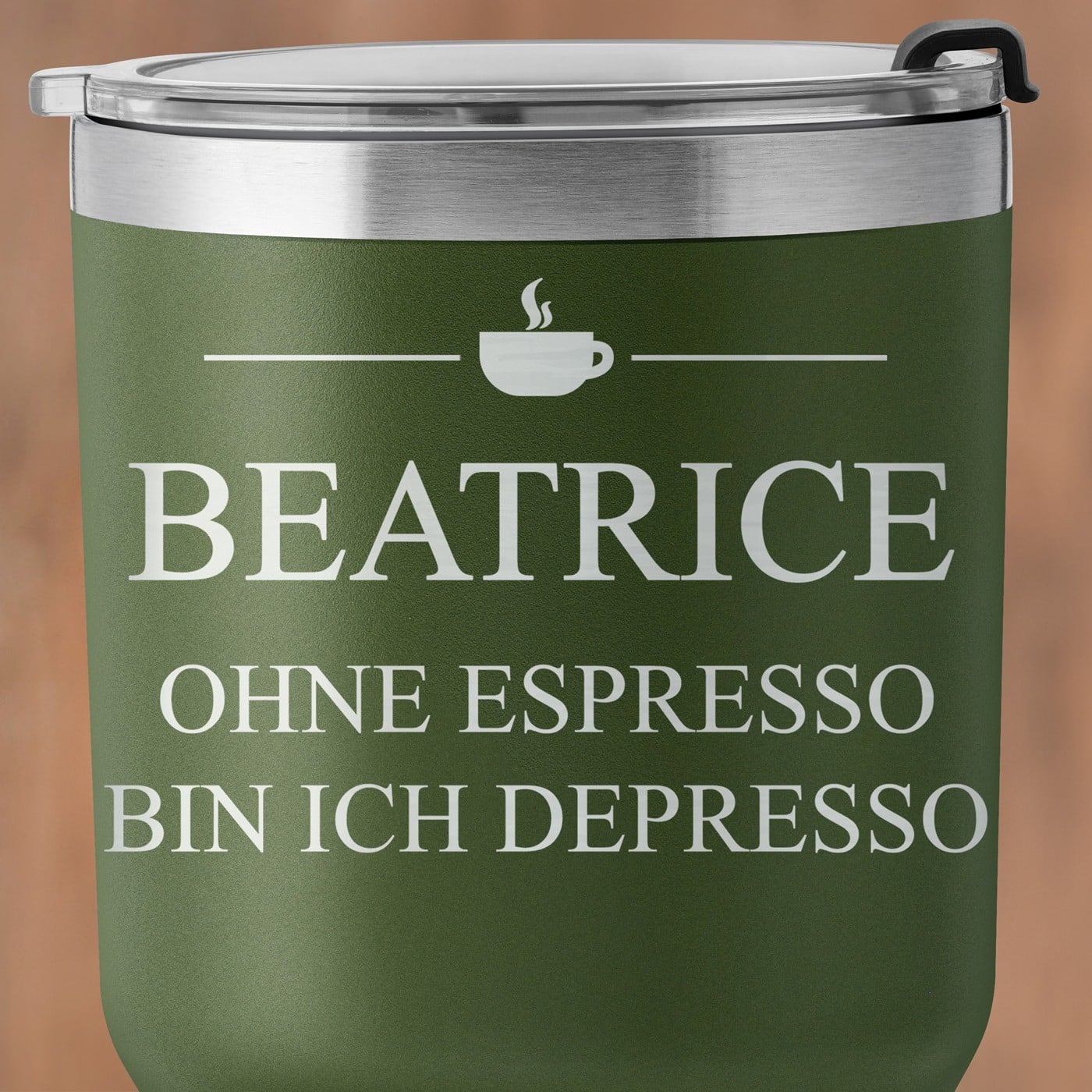 Grüner Thermobecher mit transparentem Deckel und Gravur für sie zum Ehrentag Espresso