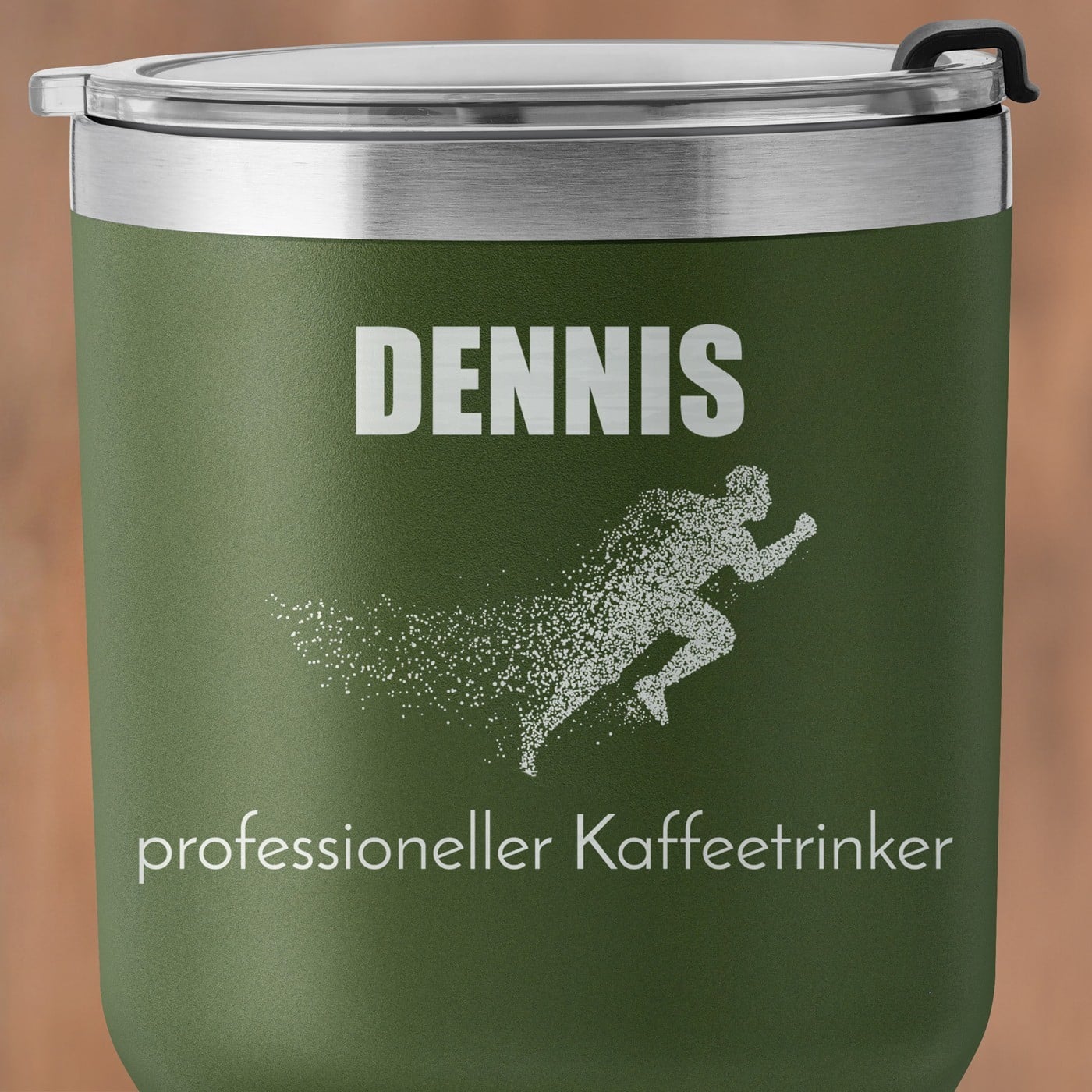 Grüner Thermobecher mit transparentem Deckel und Gravur für Ihren Freund einen Jogger zum Ehrentag