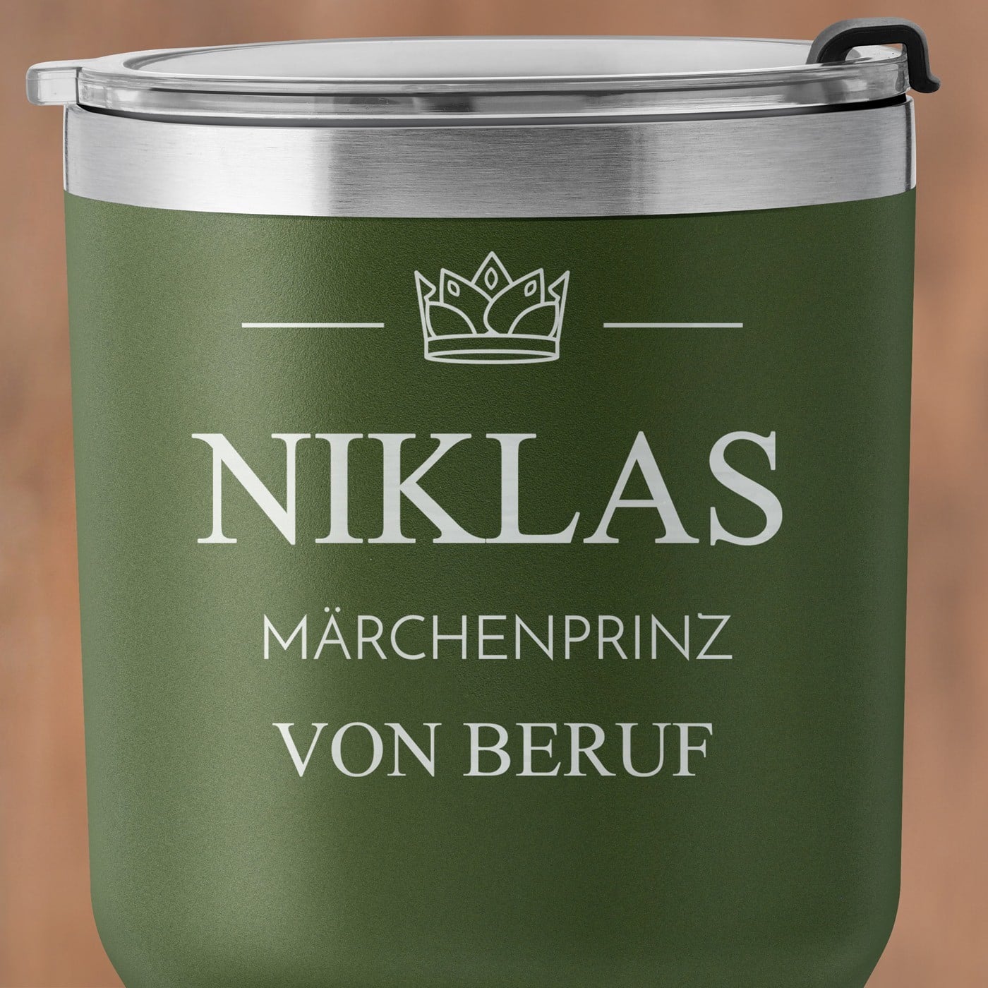 Grüner Thermobecher mit transparentem Deckel und Gravur für ihn Ihren Freund zum Ehrentag