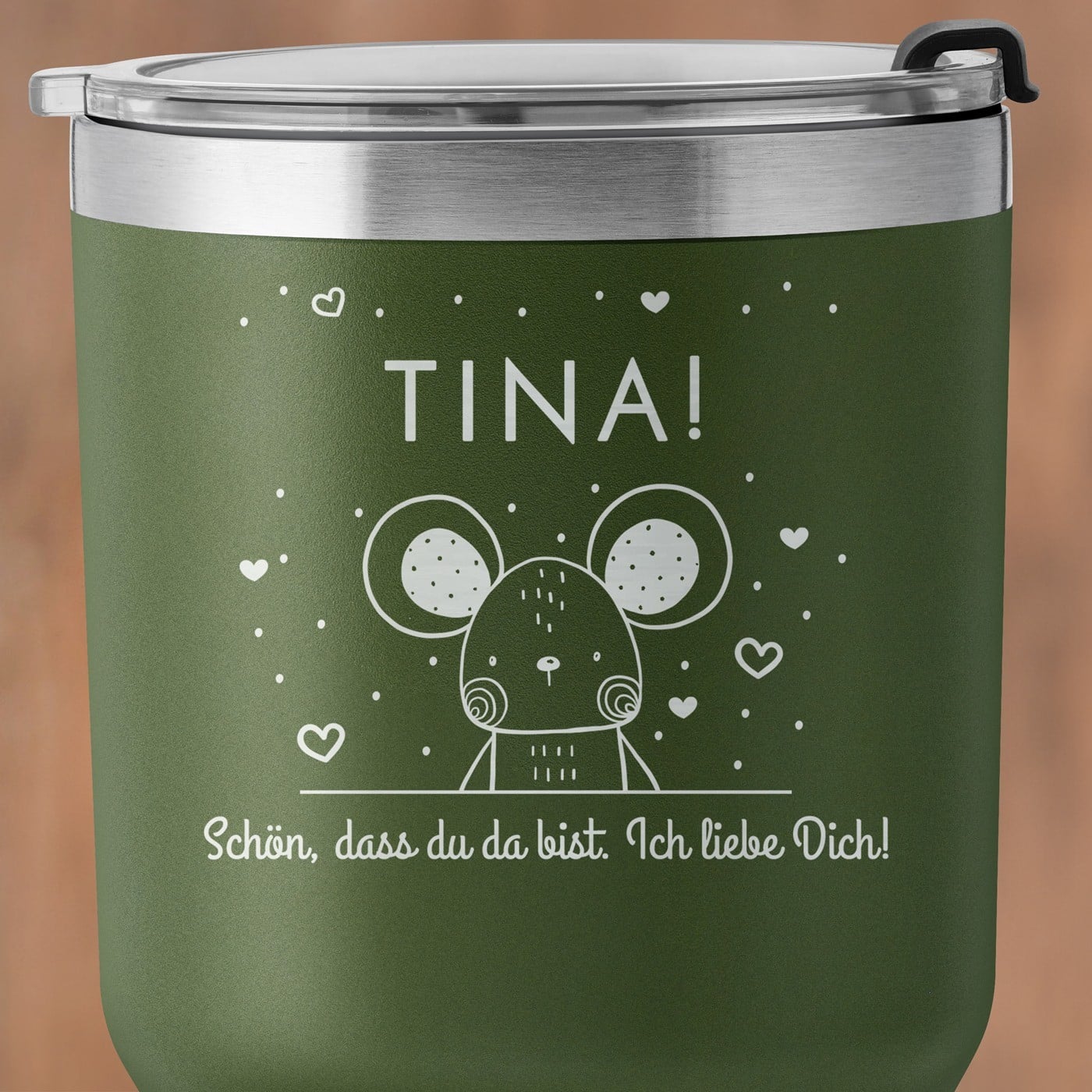 Grüner Thermobecher mit transparentem Deckel und Gravur für sie ein Mädchen zum Ehrentag