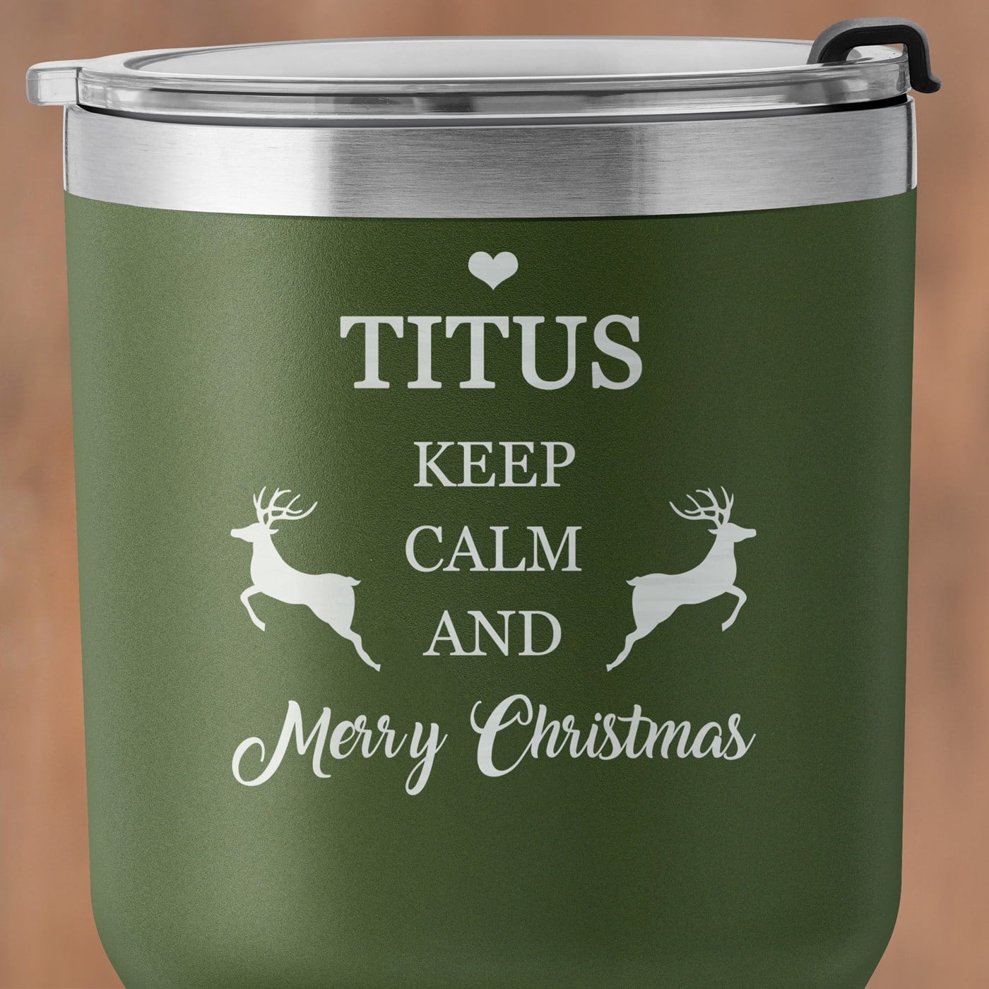 Grüner Thermobecher mit transparentem Deckel und Gravur für ihn Christmas