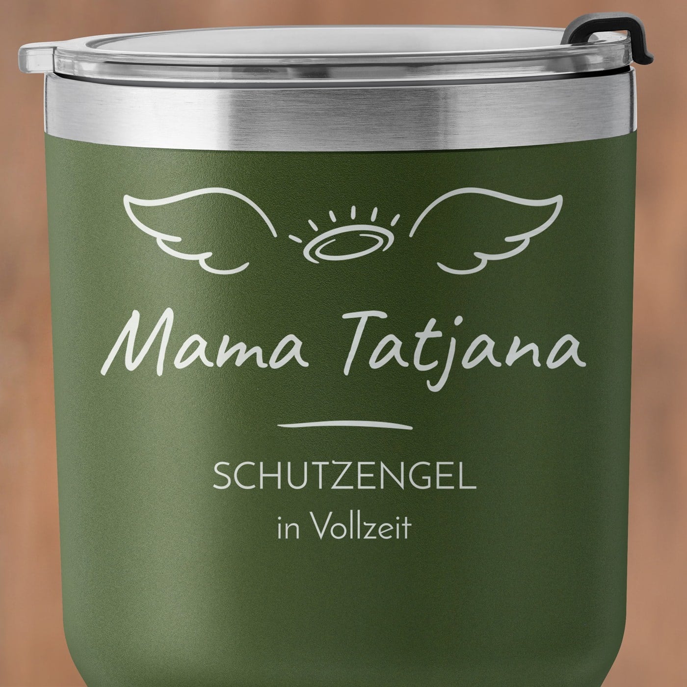 Grüner Thermobecher mit transparentem Deckel und Gravur für Ihre Mutter