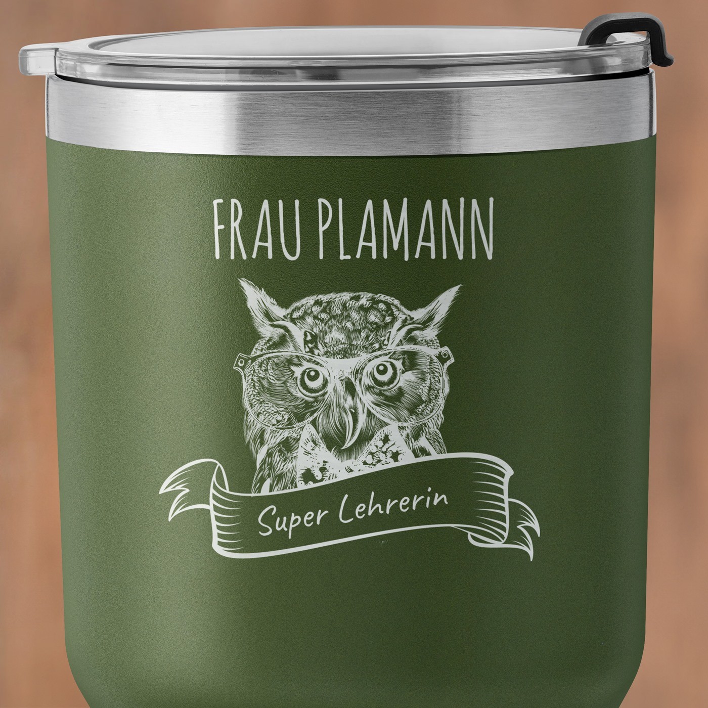 Grüner Thermobecher mit transparentem Deckel und Gravur für Ihre Klassenlehrerin Lehrerin zum Schuljahresende