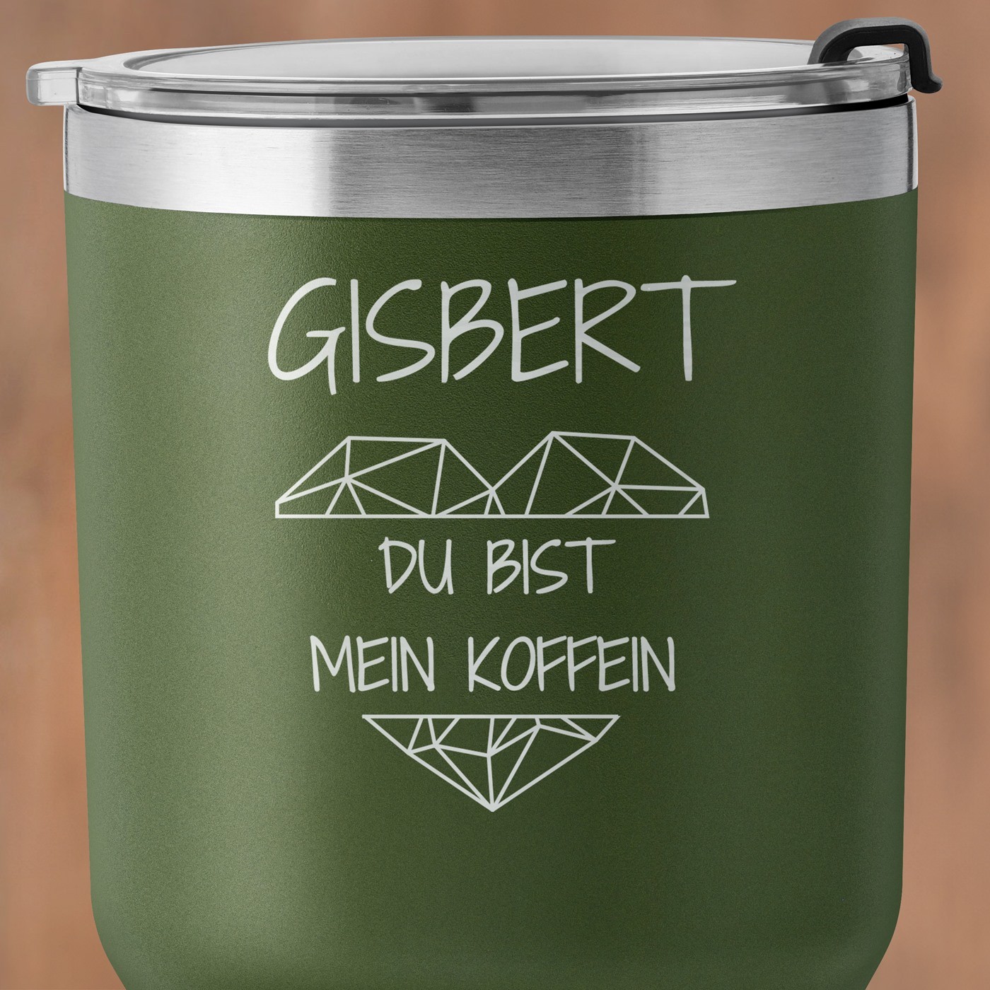 Grüner Thermobecher mit transparentem Deckel und Gravur für ihn zum Valentinstag, Hochzeitstag
