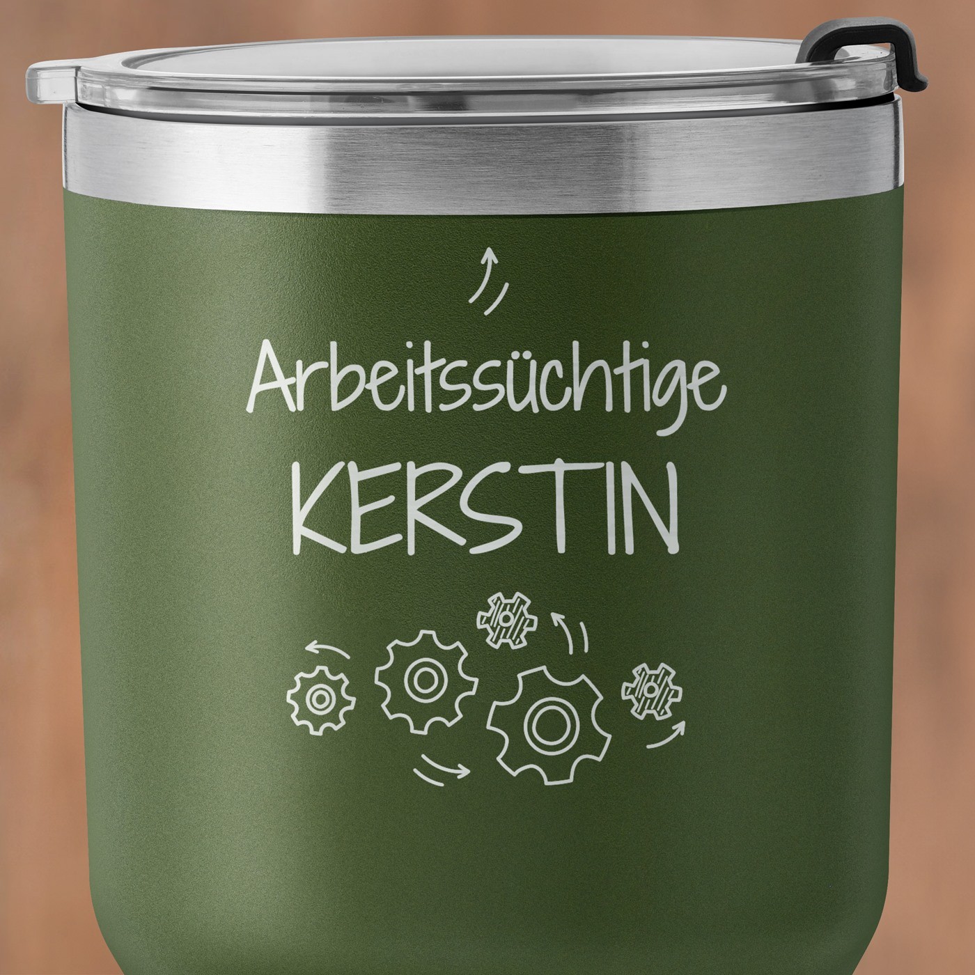 Grüner Thermobecher mit transparentem Deckel und Gravur für Ihre Arbeitskollegin Chefin zur Beförderung
