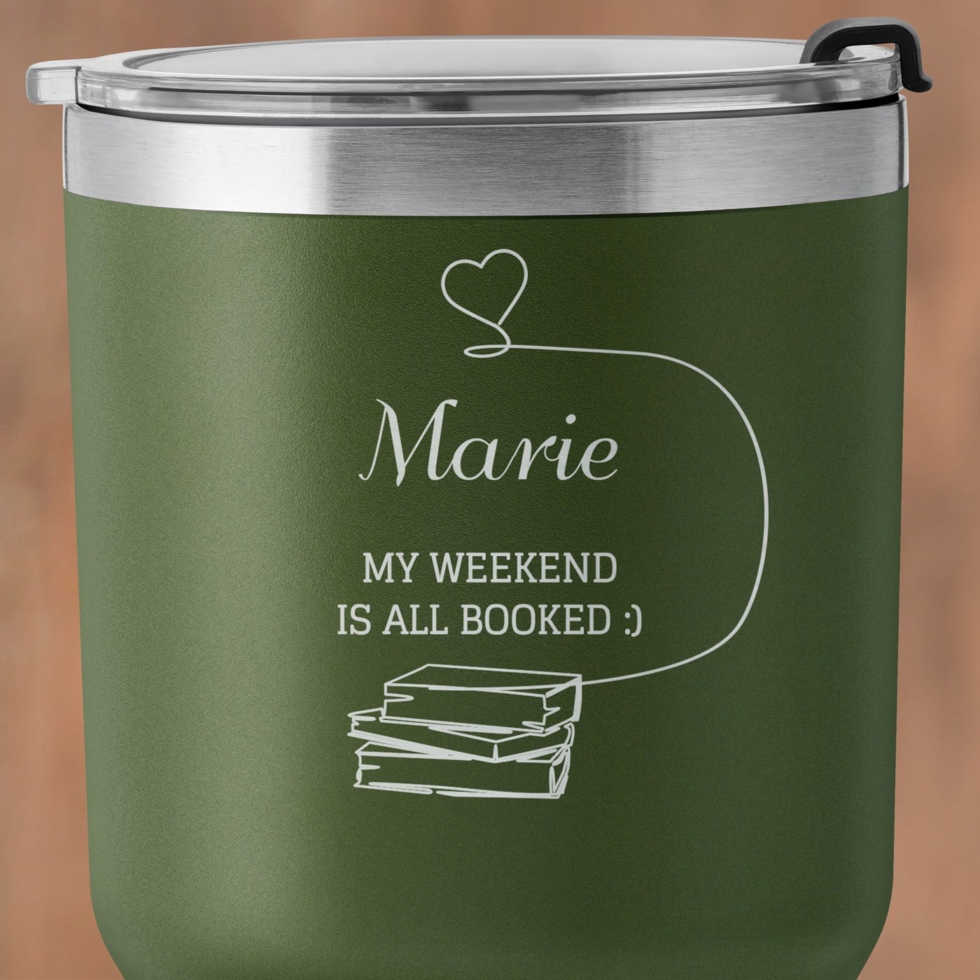 Grüner Thermobecher mit transparentem Deckel und Gravur für Ihre Freundin Ehefrau einen Bücherwurm zum Ehrentag Valentinstag