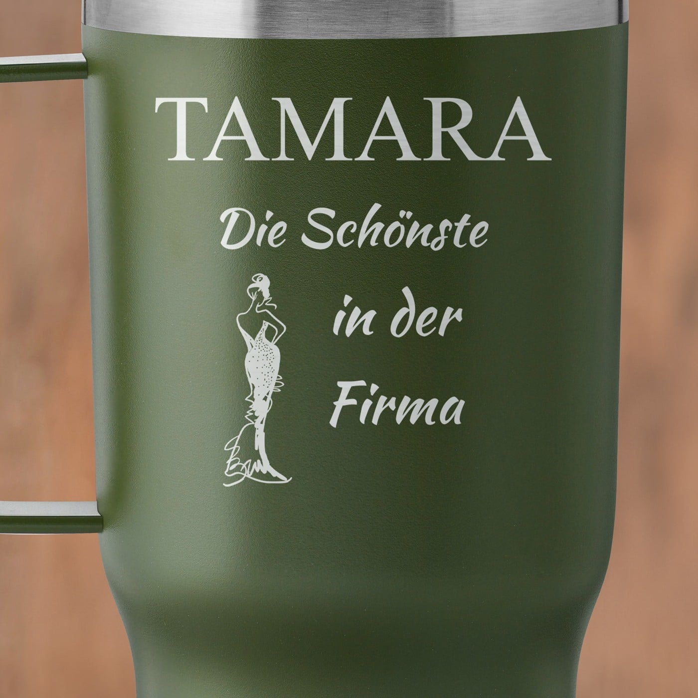 Grüner Isolierbecher mit transparentem Deckel und Gravur für sie Ihre Mitarbeiterin zum Ehrentag zur Beförderung