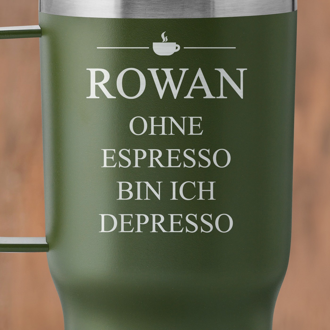 Grüner Isolierbecher mit transparentem Deckel und Gravur für einen Kaffeegenießer zum Ehrentag Espresso