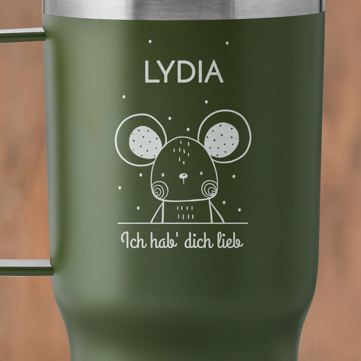 Grüner Isolierbecher mit transparentem Deckel und Gravur für sie ein Mädchen zum Ehrentag