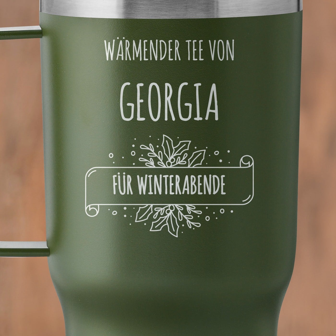 Grüner Isolierbecher mit transparentem Deckel und Gravur für sie zum Weihnachtsfest