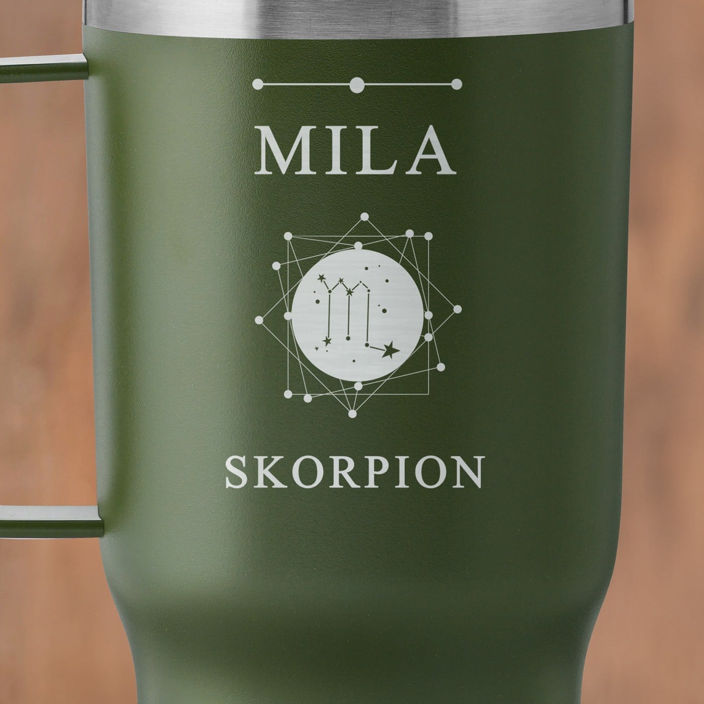 Grüner Isolierbecher mit transparentem Deckel und Gravur für sie zum Ehrentag Sternzeichen