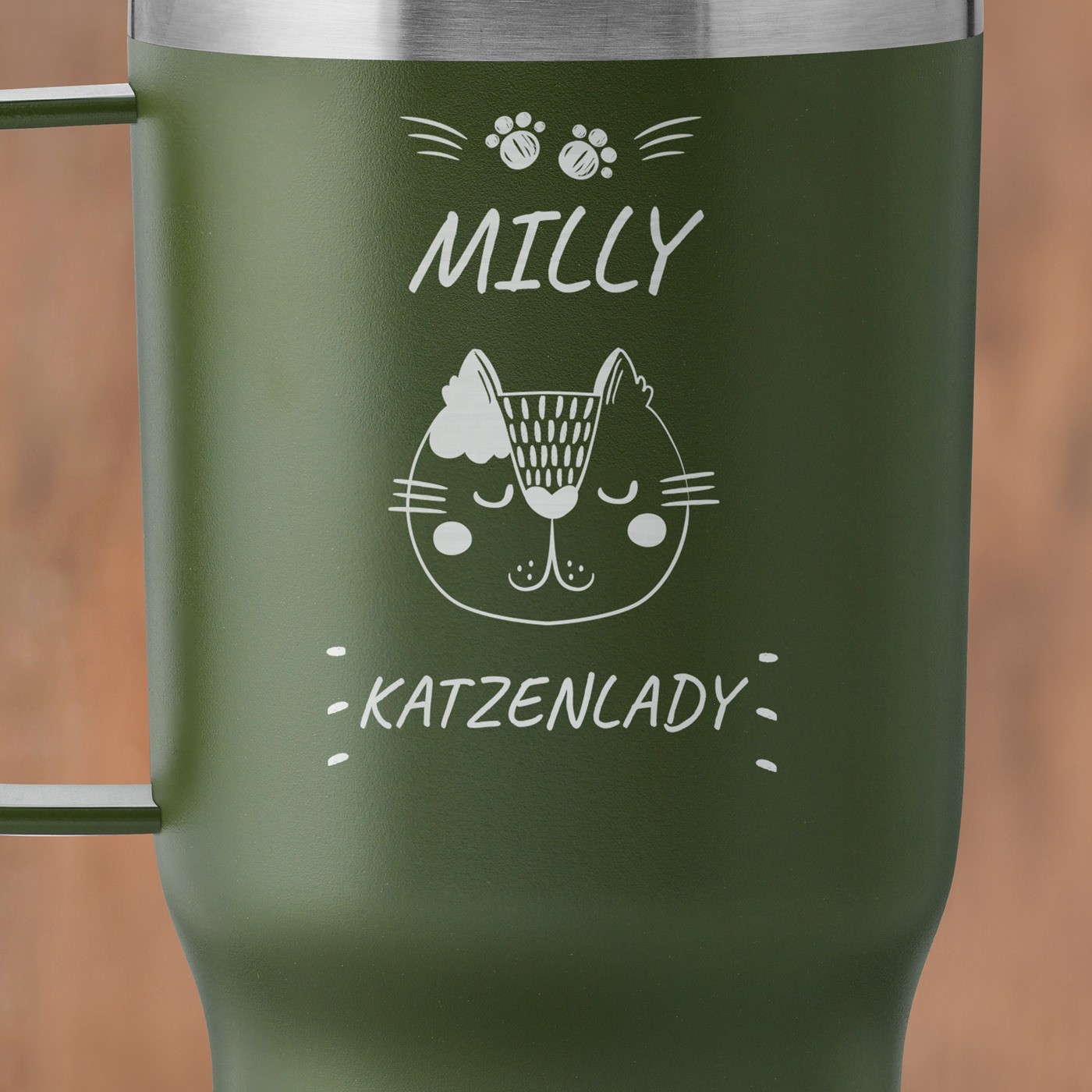 Grüner Isolierbecher mit transparentem Deckel und Gravur für eine Katzenmutti ein Mädchen zum Ehrentag